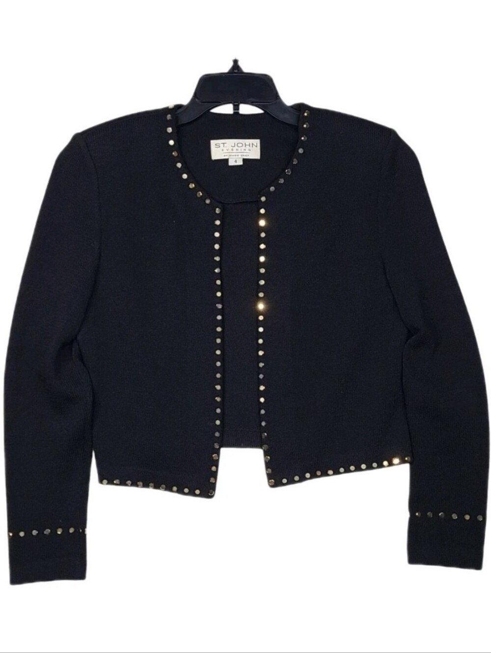St John Collection Santana Knit Jacket Gold Sequined Lined Open Front Black Sz 4